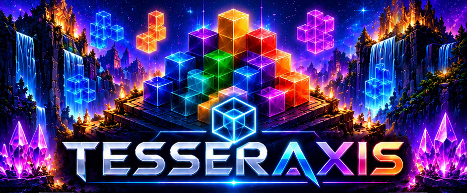 Tesseraxis logo in glowing neon over a fantasy puzzle world of floating 3D blocks